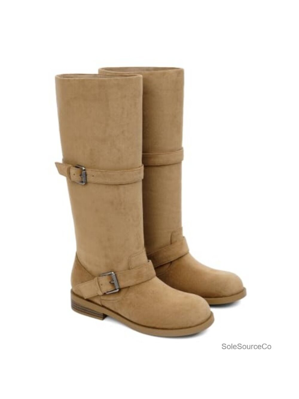 Women's Faux Suede Knee High Boots Flat Double Buckle Riding Tall Boots